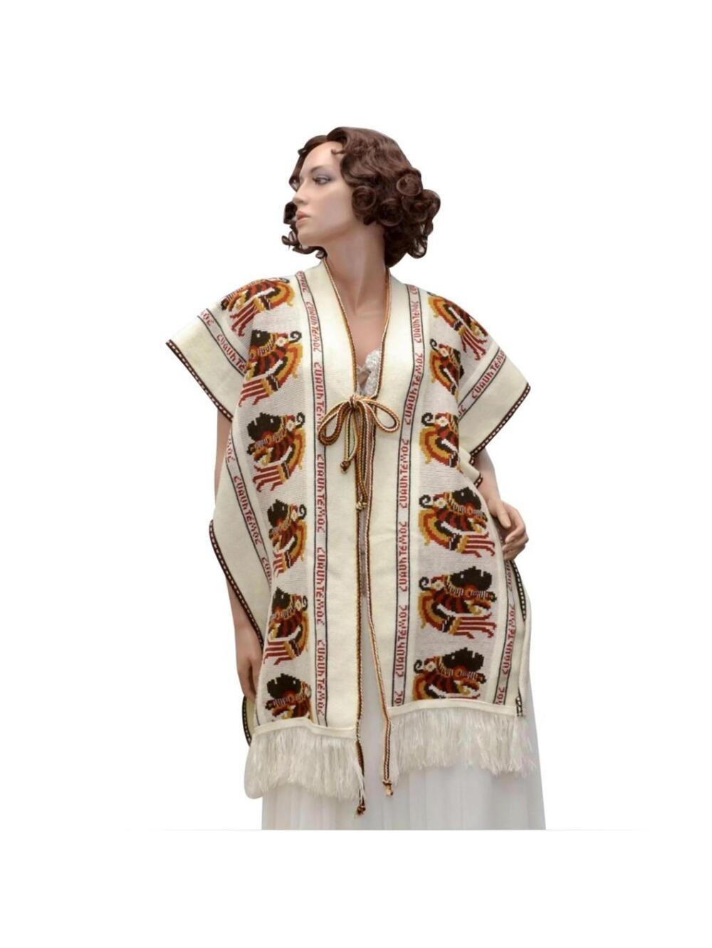 Vtg cream-colored 1970s knit poncho Bohemian Aztec-inspired